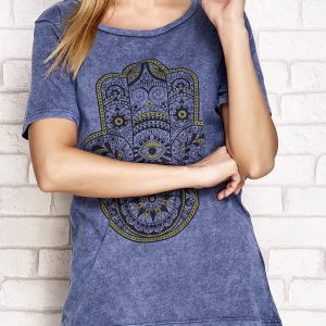 Wholesale Navy blue t-shirt with exotic hand print and cutout on the back