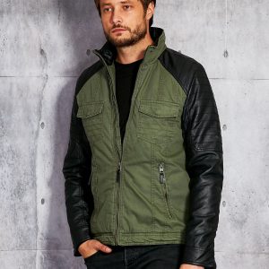 Wholesale Khaki padded jacket for men with leather sleeves