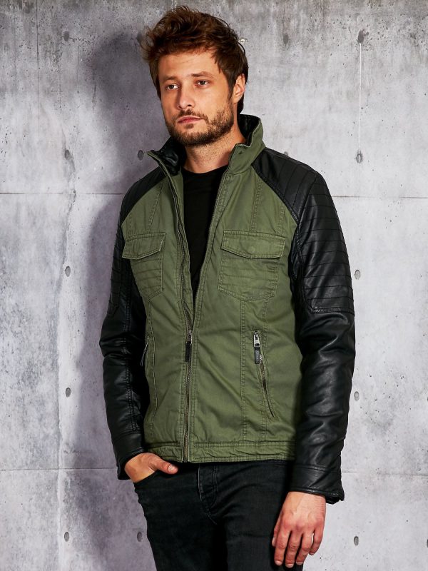 Wholesale Khaki padded jacket for men with leather sleeves