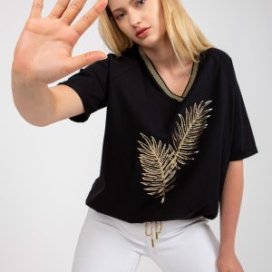 Wholesale Black Plus Size Cotton Blouse with Gold Applique