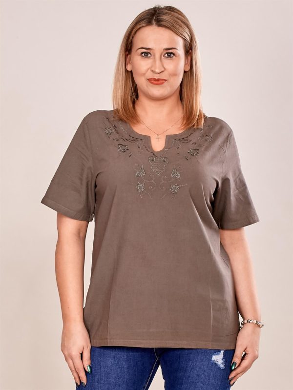 Wholesale Embroidered khaki Plus Size Shirt Blouse