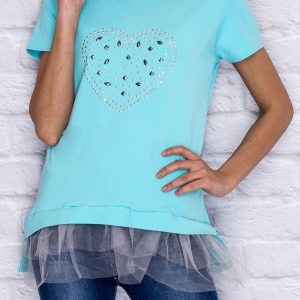 Wholesale Light turquoise t-shirt with glossy applique and tulle insert