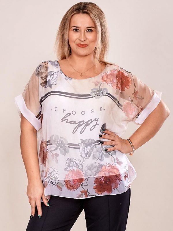 Wholesale Shirt blouse with the inscription CHOOSE HAPPY beige PLUS SIZE