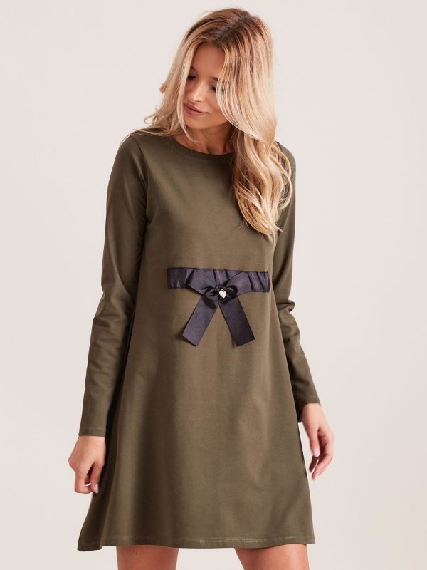 Wholesale Khaki Cotton Dress with Bow