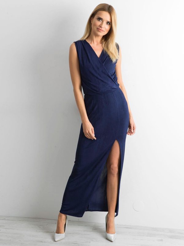 Wholesale Navy blue maxi dress with slit