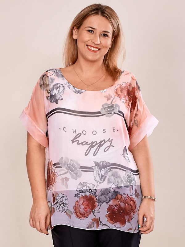 Wholesale Shirt blouse with the inscription CHOOSE HAPPY coral PLUS SIZE