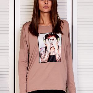 Wholesale Women's blouse with a portrait of a rock girl beige