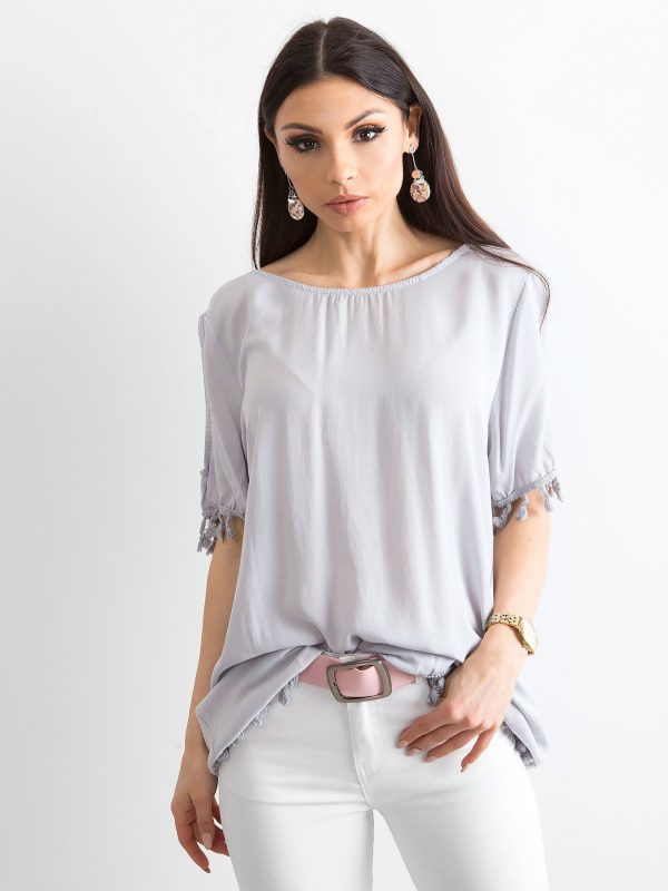 Wholesale Women's blouse with pomponims grey