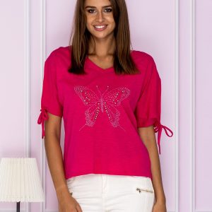 Wholesale Short blouse with butterfly applique pink