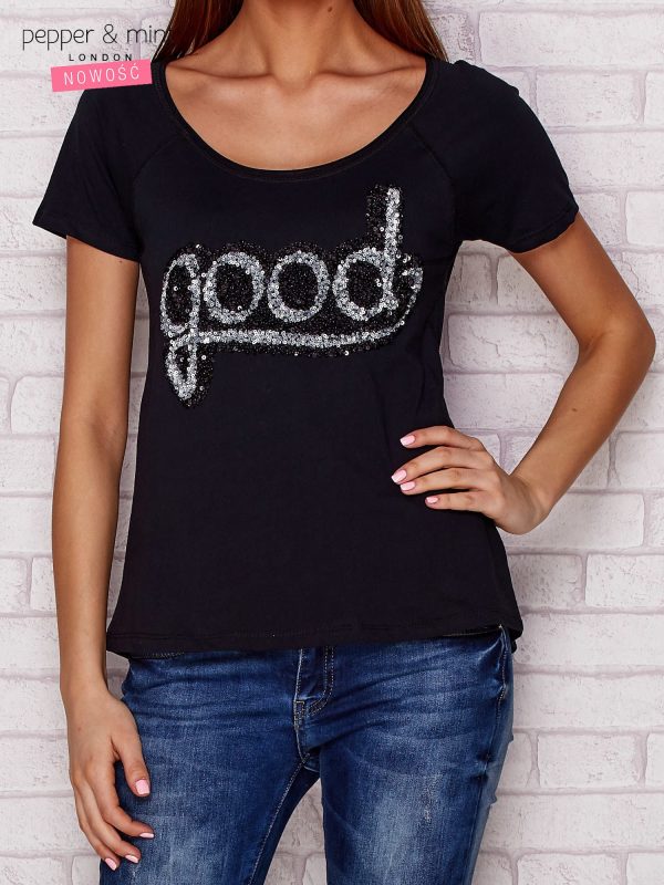 Wholesale T-shirt with sequin inscription GOOD black