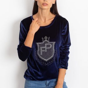 Wholesale Navy blue velvet sweatshirt with coat of arms from rhinestones