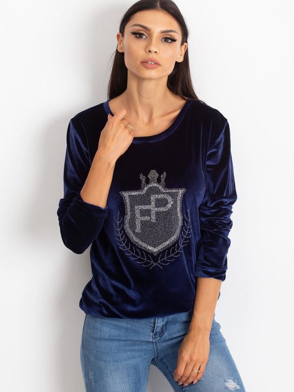 Wholesale Navy blue velvet sweatshirt with coat of arms from rhinestones