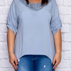 Wholesale Blue oversize blouse with lace insert and pearls