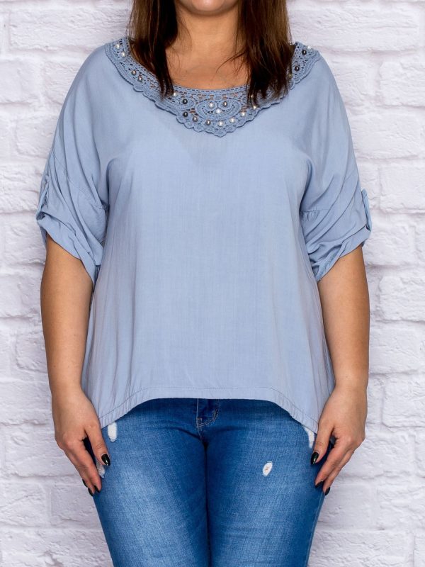 Wholesale Blue oversize blouse with lace insert and pearls