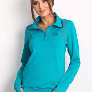 Wholesale Women's sweatshirt with stand-up collar and pockets turquoise