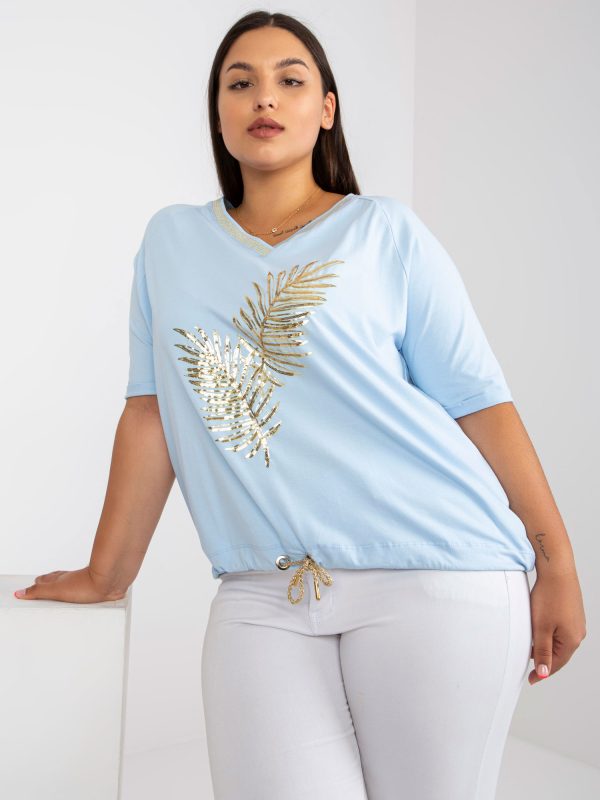 Wholesale Light Blue Plus Size Cotton Blouse With Ribbed