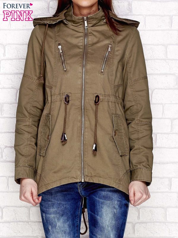 Wholesale Parka jacket with golden khaki zippers