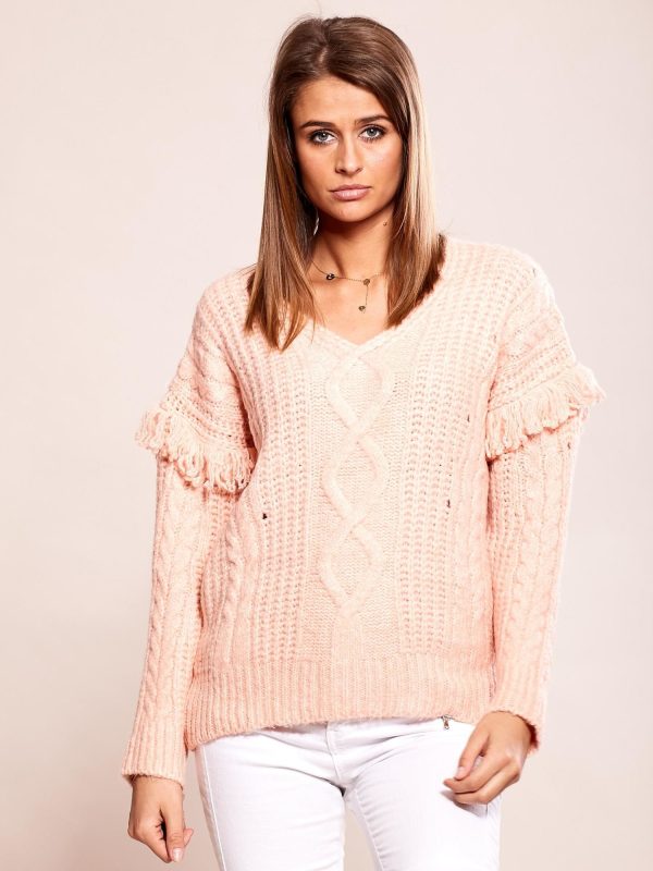 Wholesale Pink sweater with braids with fringes