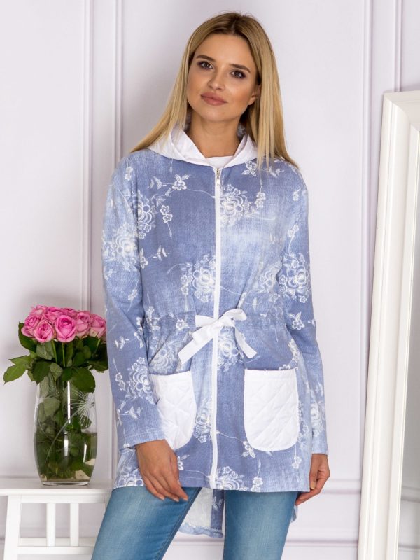 Wholesale Blue Floral Hooded Sweatshirt