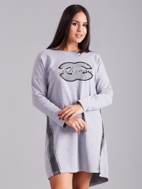 Wholesale Light grey sweatshirt dress with rhinestones