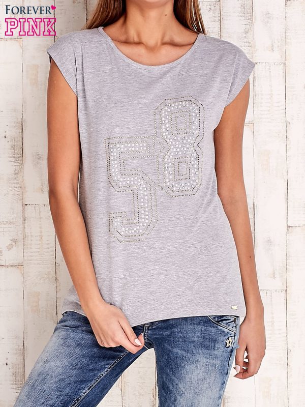 Wholesale Gray t-shirt with number 58 with rhinestones