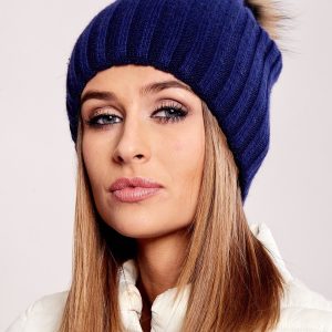 Wholesale Navy blue ribbed hat with fur pompom