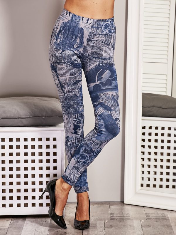 Wholesale Navy blue leggings for women newspaper print