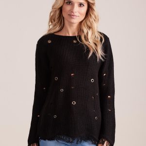 Wholesale Black sweater with tassels and eyelets