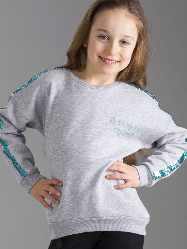 Wholesale Grey padded girl sweatshirt with sequins on sleeves