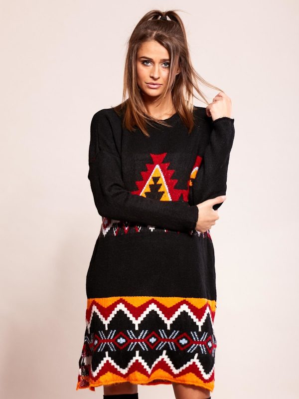 Wholesale Black knitted dress with ethnic patterns