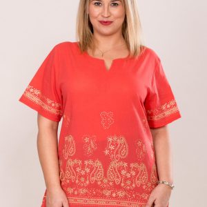 Wholesale Oversized shirt blouse with paisley motif coral PLUS SIZE