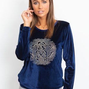 Wholesale Dark blue velvet sweatshirt for women with appliqué