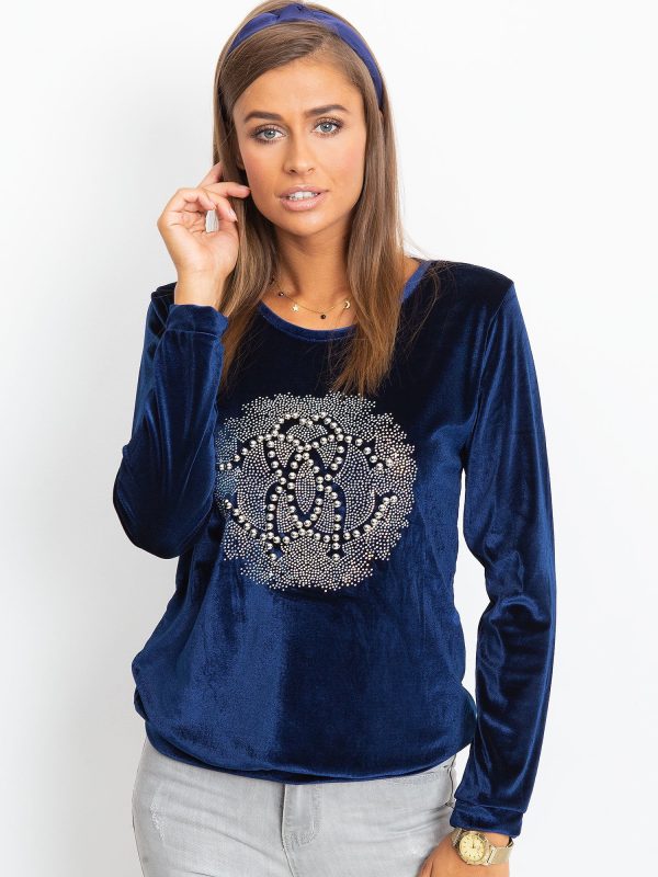 Wholesale Dark blue velvet sweatshirt for women with appliqué