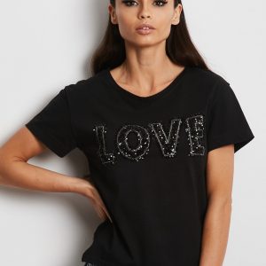 Wholesale Black T-shirt with sequin inscription LOVE