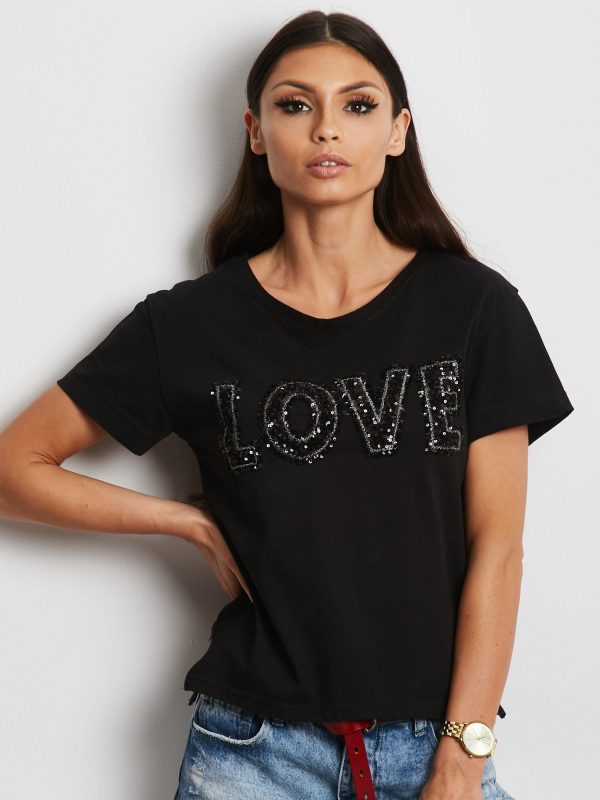 Wholesale Black T-shirt with sequin inscription LOVE