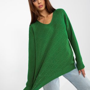 Wholesale Grüner Oversize Strickpullover with V-Ausschnitt