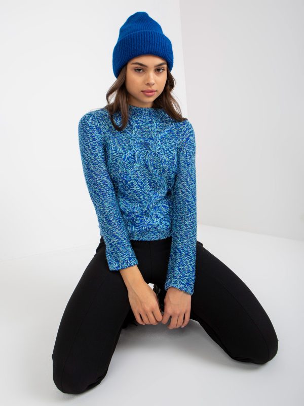 Wholesale Blue classic sweater with braids and stand-up collar