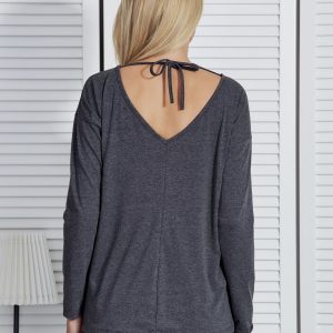 Wholesale Women's blouse with gold stripe and fringes dark grey