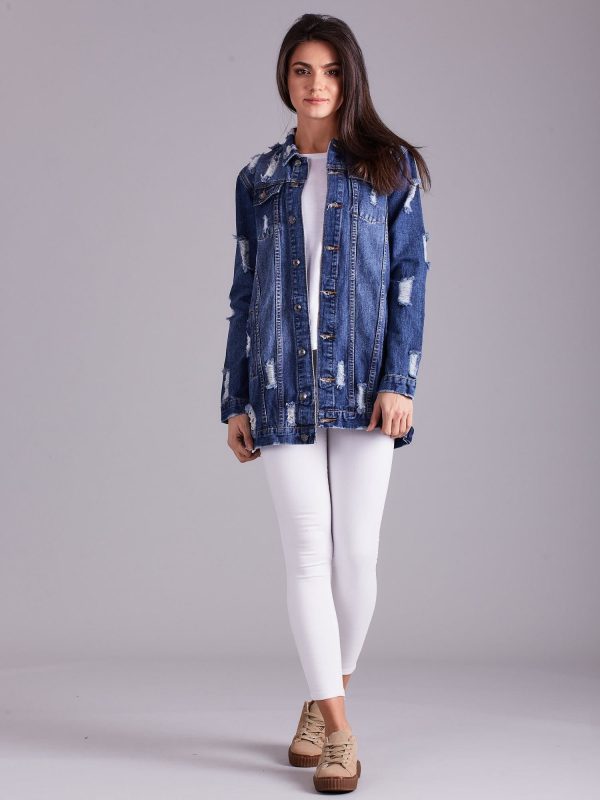 Wholesale Blue Women's Denim Jacket With Rubbed