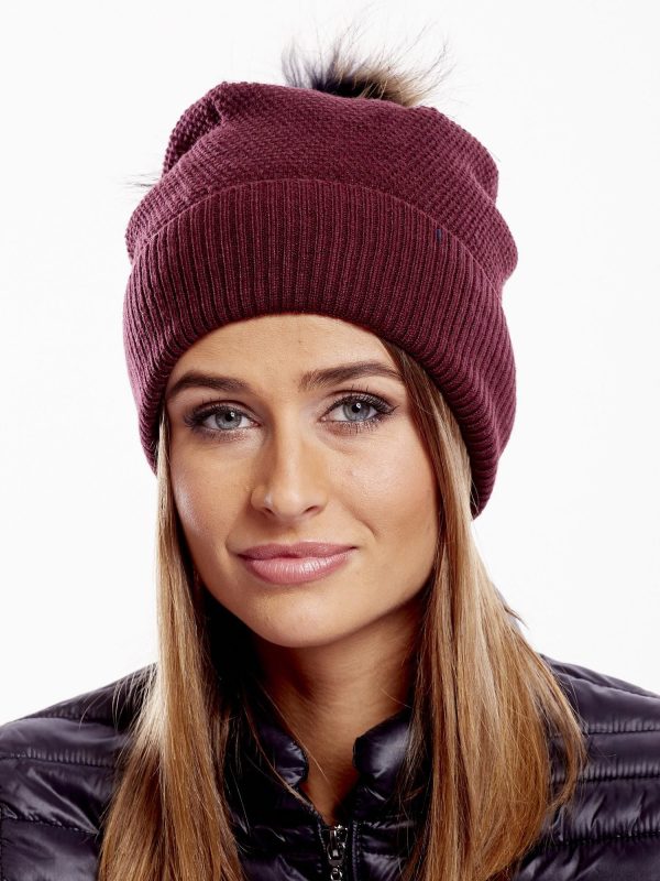 Wholesale Burgundy hat with wide rib and fur pom