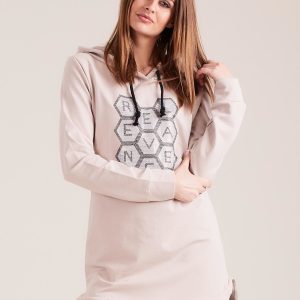 Wholesale Beige sweatshirt tunic with hood and applique