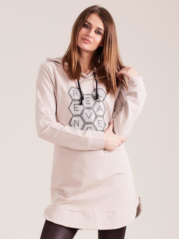 Wholesale Beige sweatshirt tunic with hood and applique