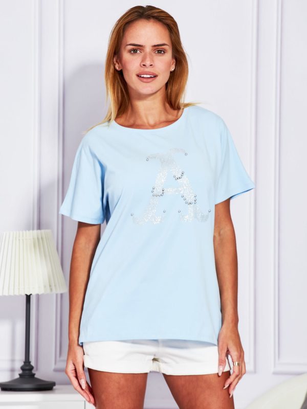 Wholesale Light blue blouse with decorative letter