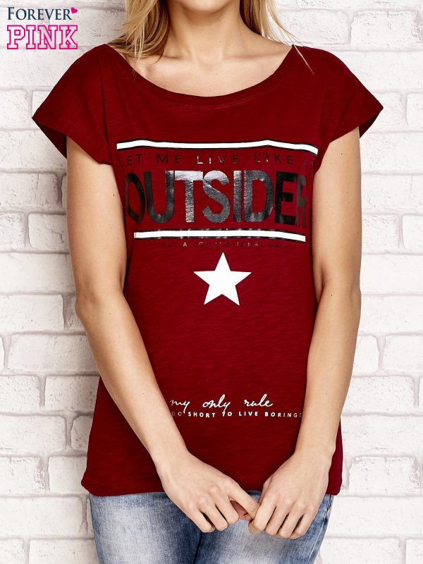 Wholesale Burgundy T-shirt with the inscription LET ME LIVE LIKE AN OUTSIDER