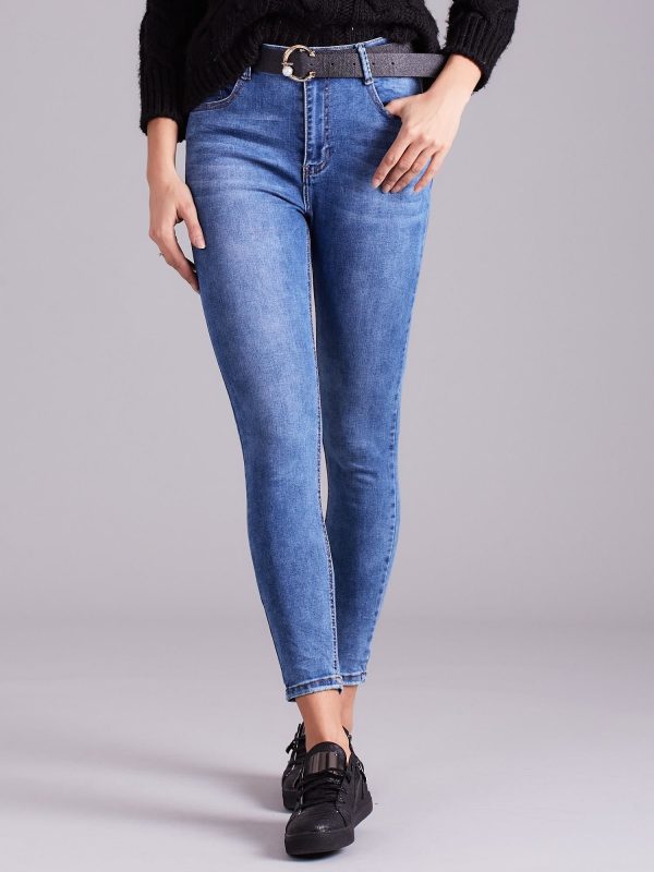 Wholesale Blue denim skinny pants with belt