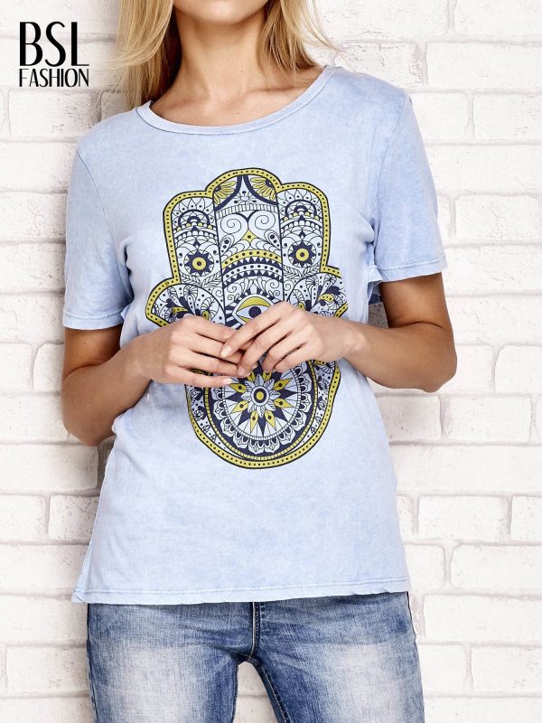 Wholesale Blue t-shirt with exotic hand print and cutout on back