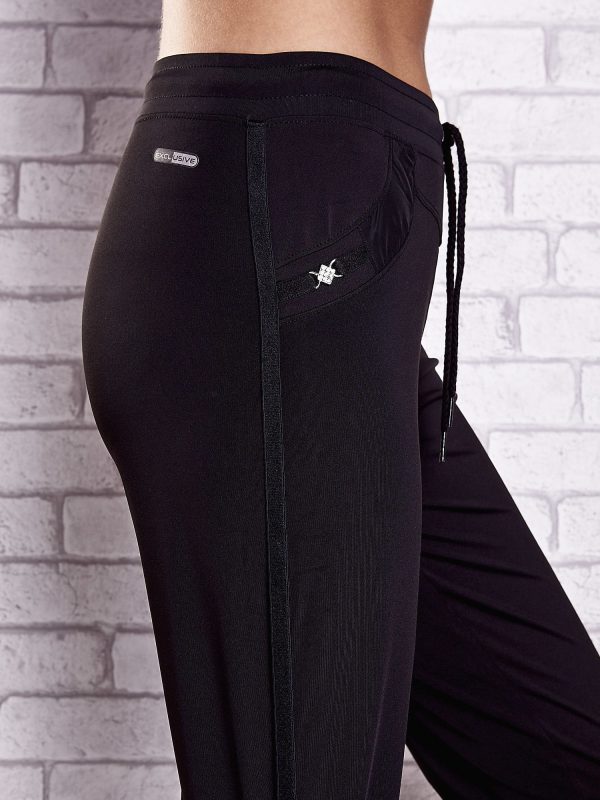 Wholesale Black sweatpants with appliques with plus size rhinestones