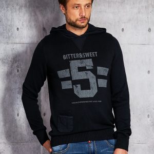 Wholesale Navy blue sweater for men with hood and lettering