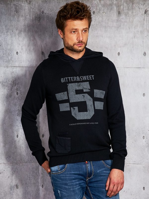 Wholesale Navy blue sweater for men with hood and lettering