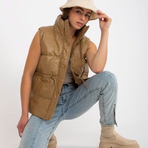 Wholesale Camel down vest made of eco leather with welts